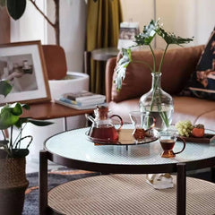 センターテーブル 幅80cm チェリー材 ガラス ラタン 高級感 yw-169