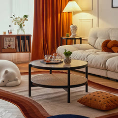 センターテーブル 幅80cm チェリー材 ガラス ラタン 高級感 yw-169