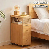 ナイトテーブル 引き出し付き 木目調 収納 キャスター付き ラタン ベッドサイド zt-996