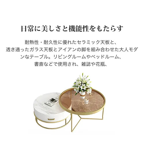 センターテーブル おしゃれ せット 円形 サイドテーブル ガラス セラミック ary-754