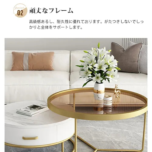 センターテーブル おしゃれ せット 円形 サイドテーブル ガラス セラミック ary-754
