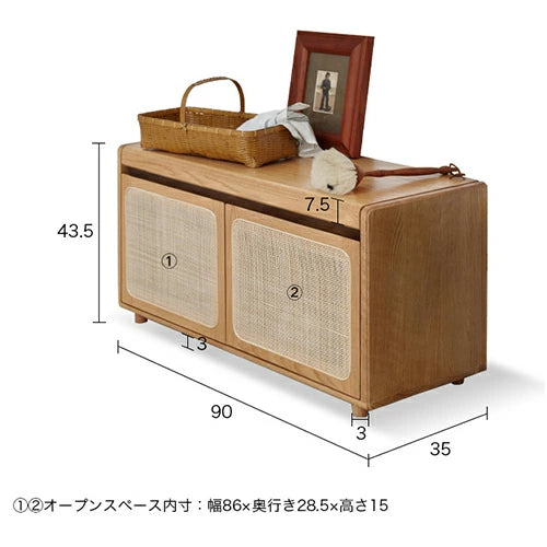 シューズボックス オーク材 幅90cm 玄関ベンチ 木製 籐 ラタン 下駄箱 スツール 天然木 靴箱 収納ベンチ 靴入れ ベンチ 無垢材 ナチュラル YESWOOD y49t51